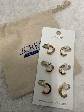 J.Crew Factory Gold-Tone Huggies Hoop Earrings Set-of-Three  NWT